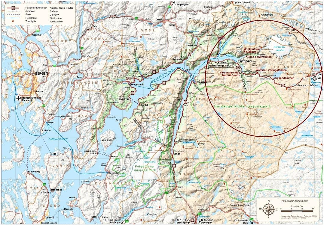 hardangerfjord นอร์เวย์บนแผนที่