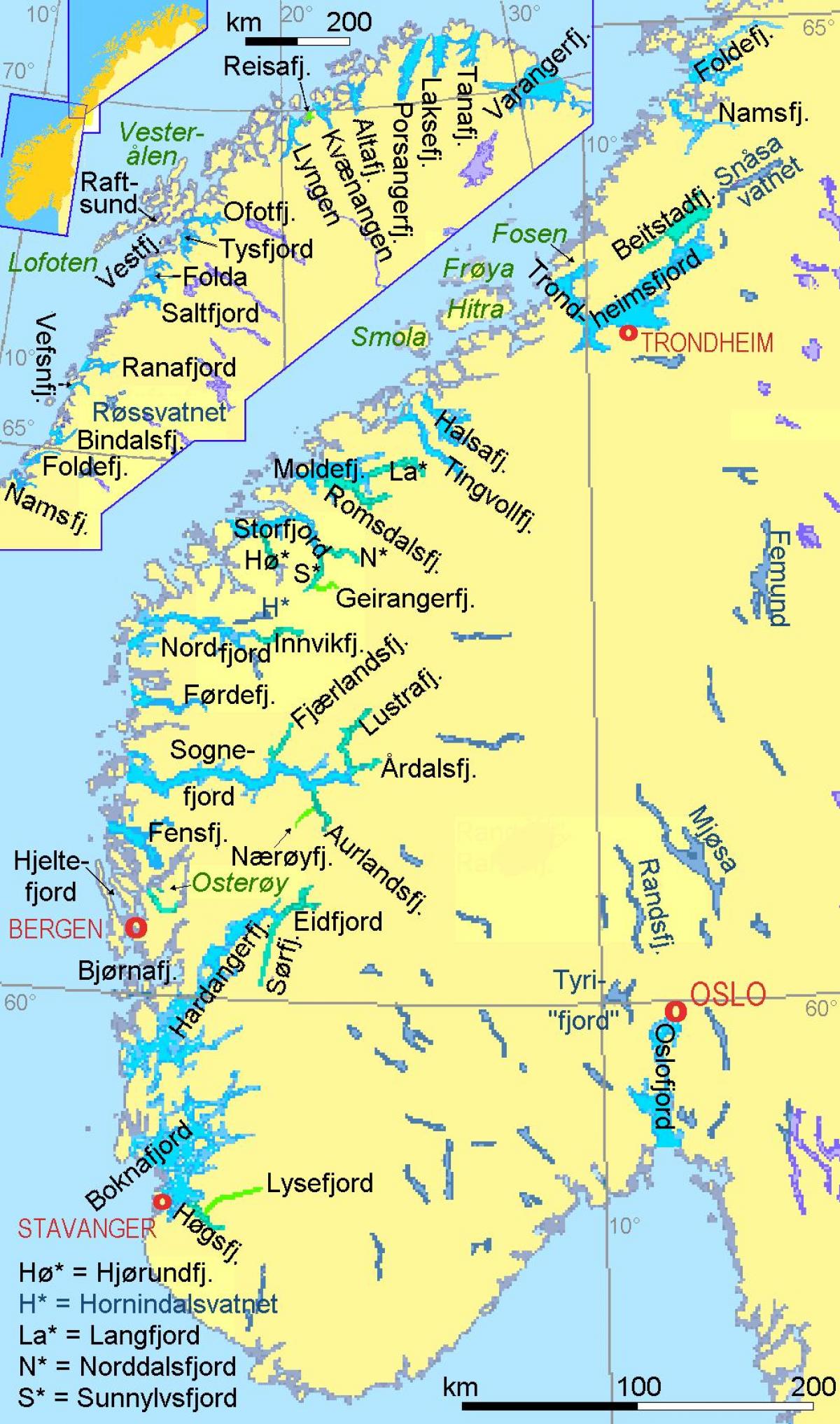 แผนที่ของนอร์เวย์แสดง fjords
